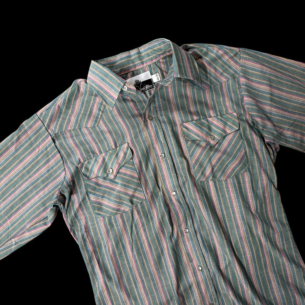 Vintage Mens Pearl Snap Button Down Shirt Striped Western Ranch And Town USA
